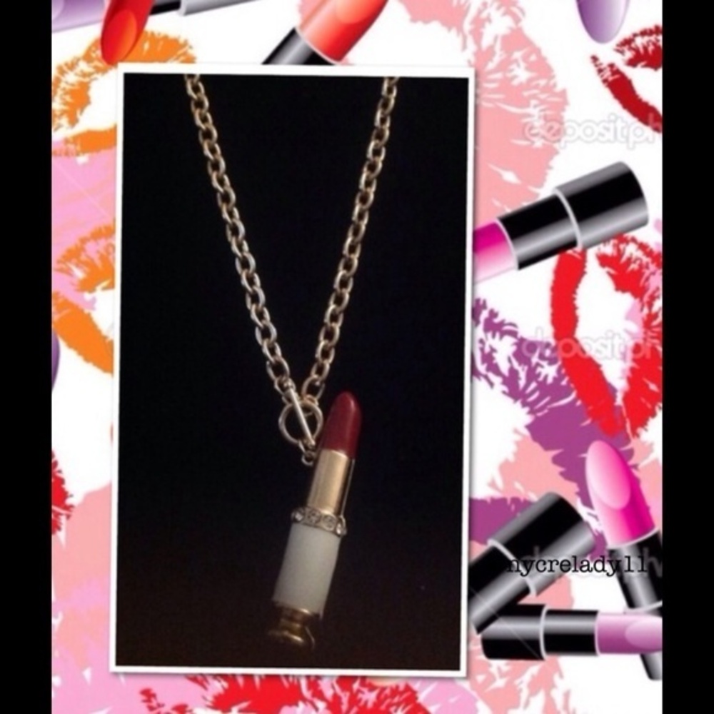 NWOT Pave Red Lipstick Goldtone Necklace 16-1/2